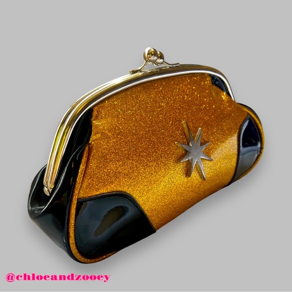 VTG Lux De Ville Gold Glitter Patent Kiss Lock Bowler Clutch Purse Bag Y2K - Picture 2 of 8